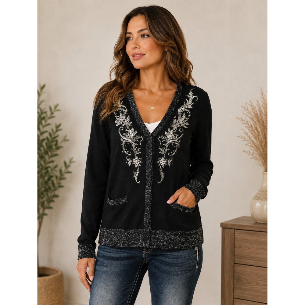 Miss Me Sweater Women's S Sequenced Embellishment Long Sleeves Cardigan Button